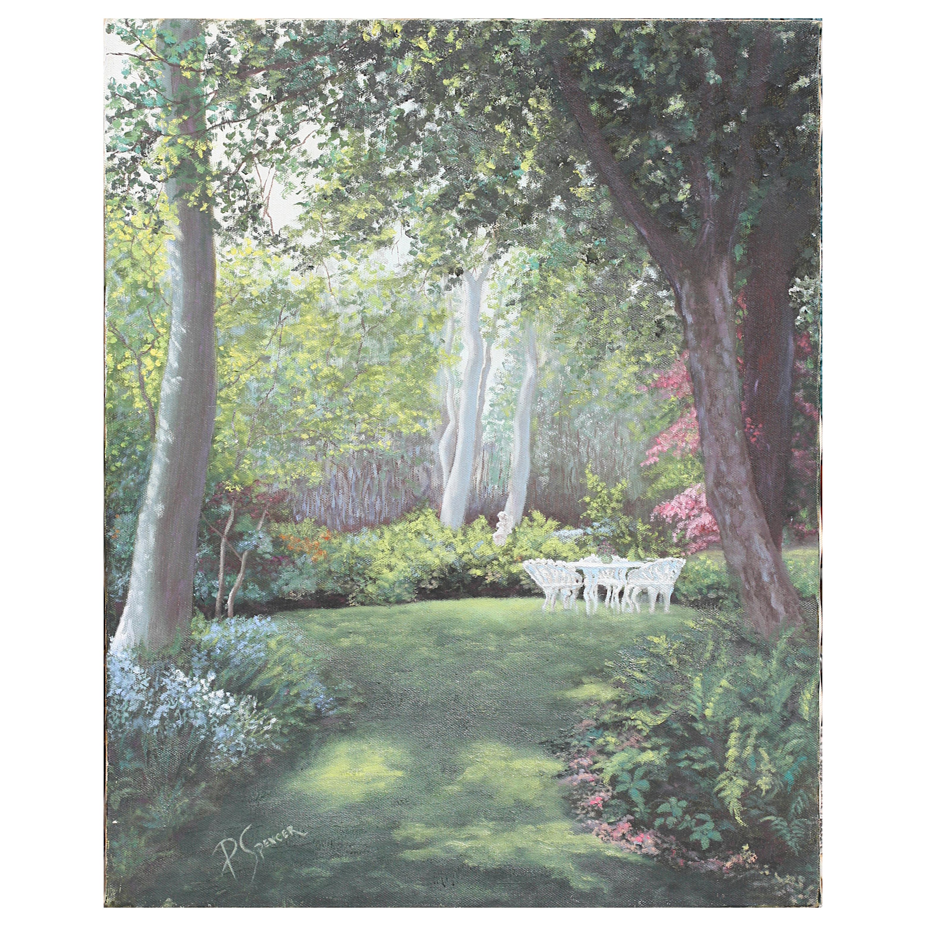 P. Spencer, (estadounidense, siglo XX) Paisaje de patio trasero en venta