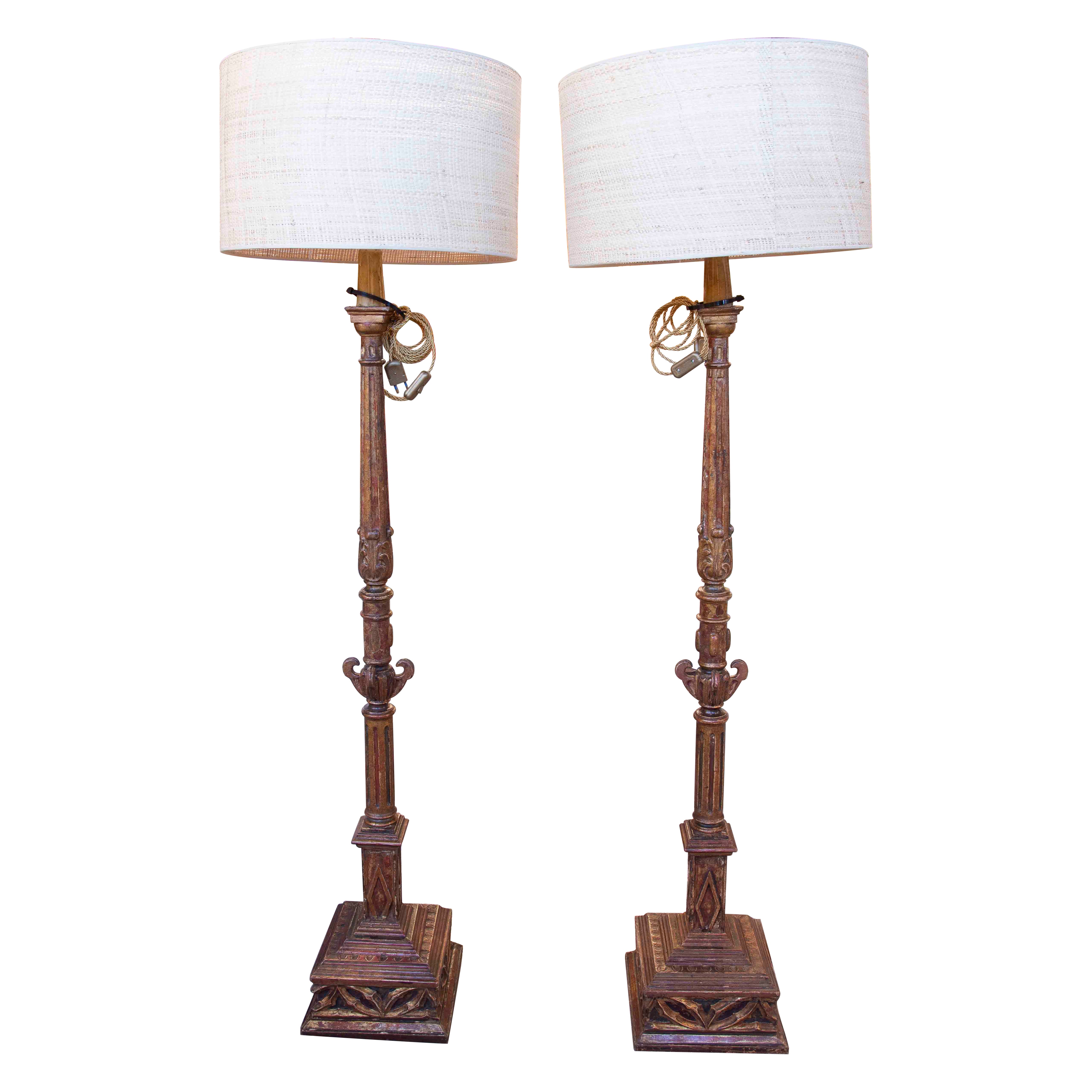 1970s Pair of Floor Lamps Crafted in Carved Wood with Textile Shades