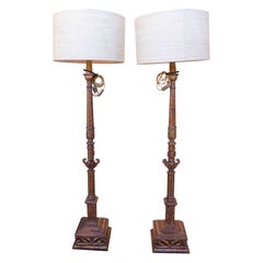 1970s Pair of Floor Lamps Crafted in Carved Wood with Textile Shades