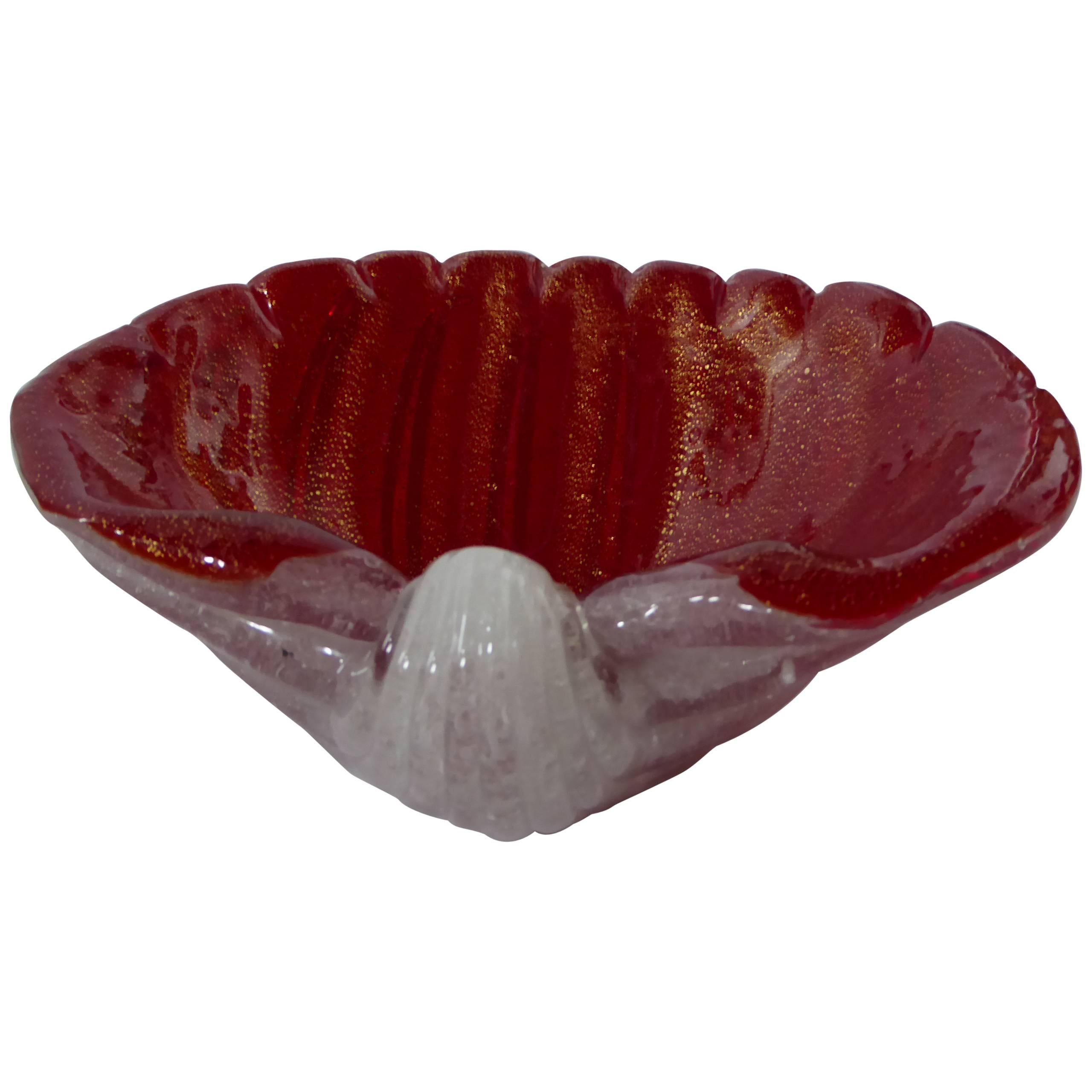 Large Mid Century Modern Barovier e Toso Red Gold Infused Shell Bowl  1950s For Sale