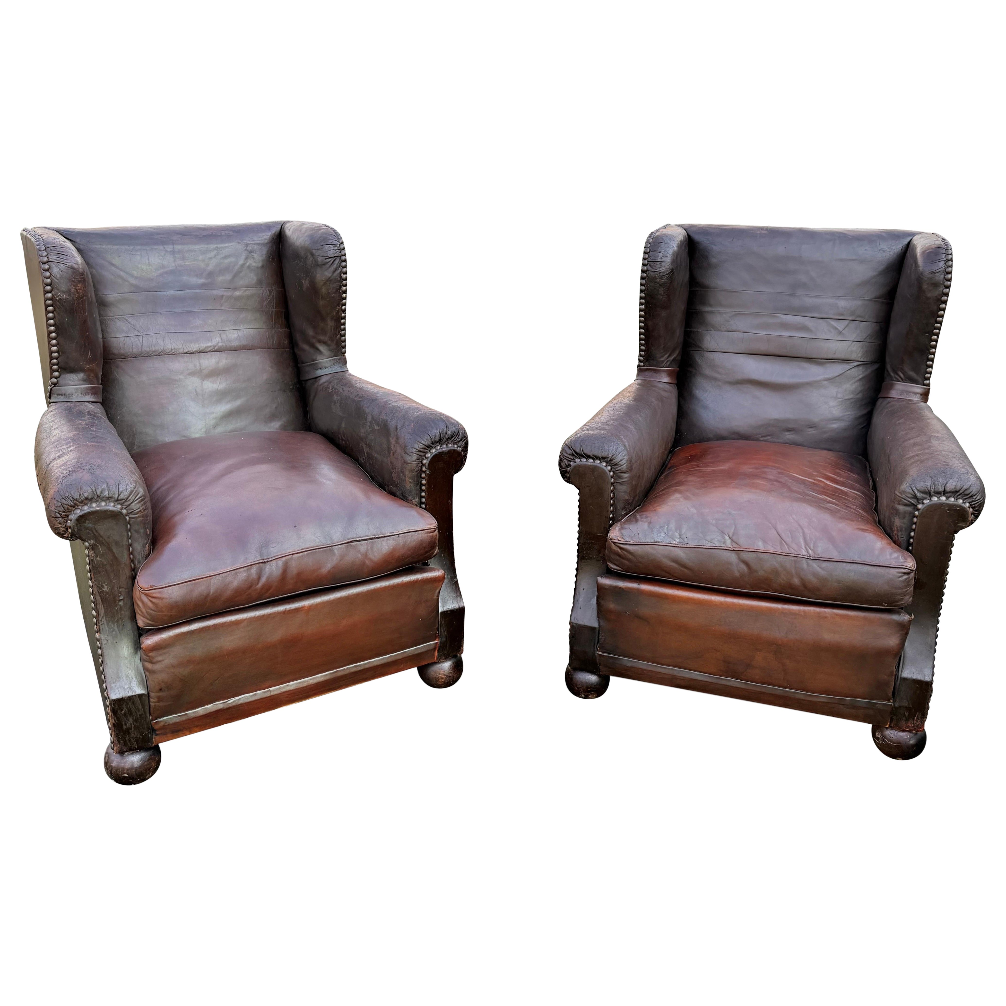 1930 classic English wingback leather club armchairs