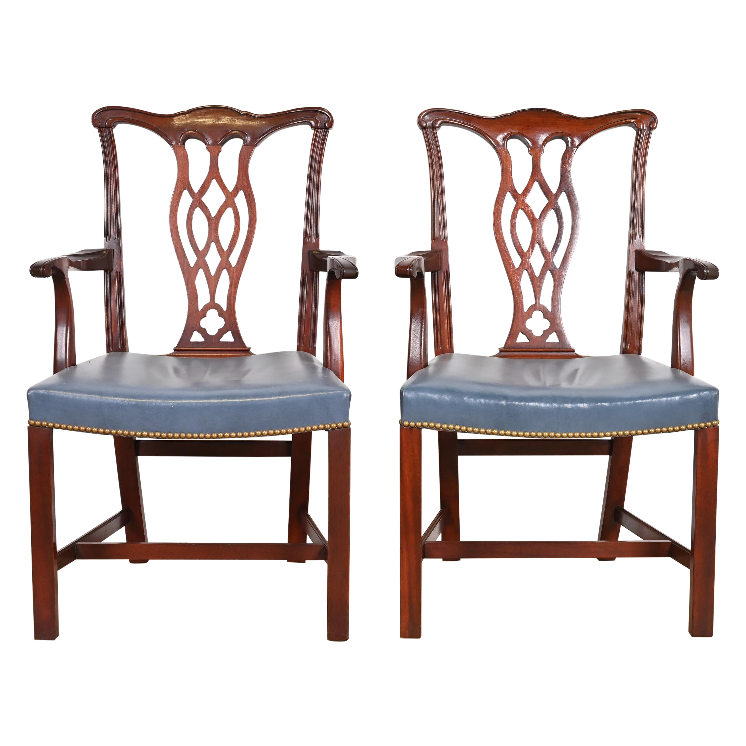 Hickory Chair Georgian Carved Mahogany Leather Upholstered Dining Arm Chairs