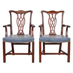 Hickory Chair Georgian Carved Mahogany Leather Upholstered Dining Arm Chairs