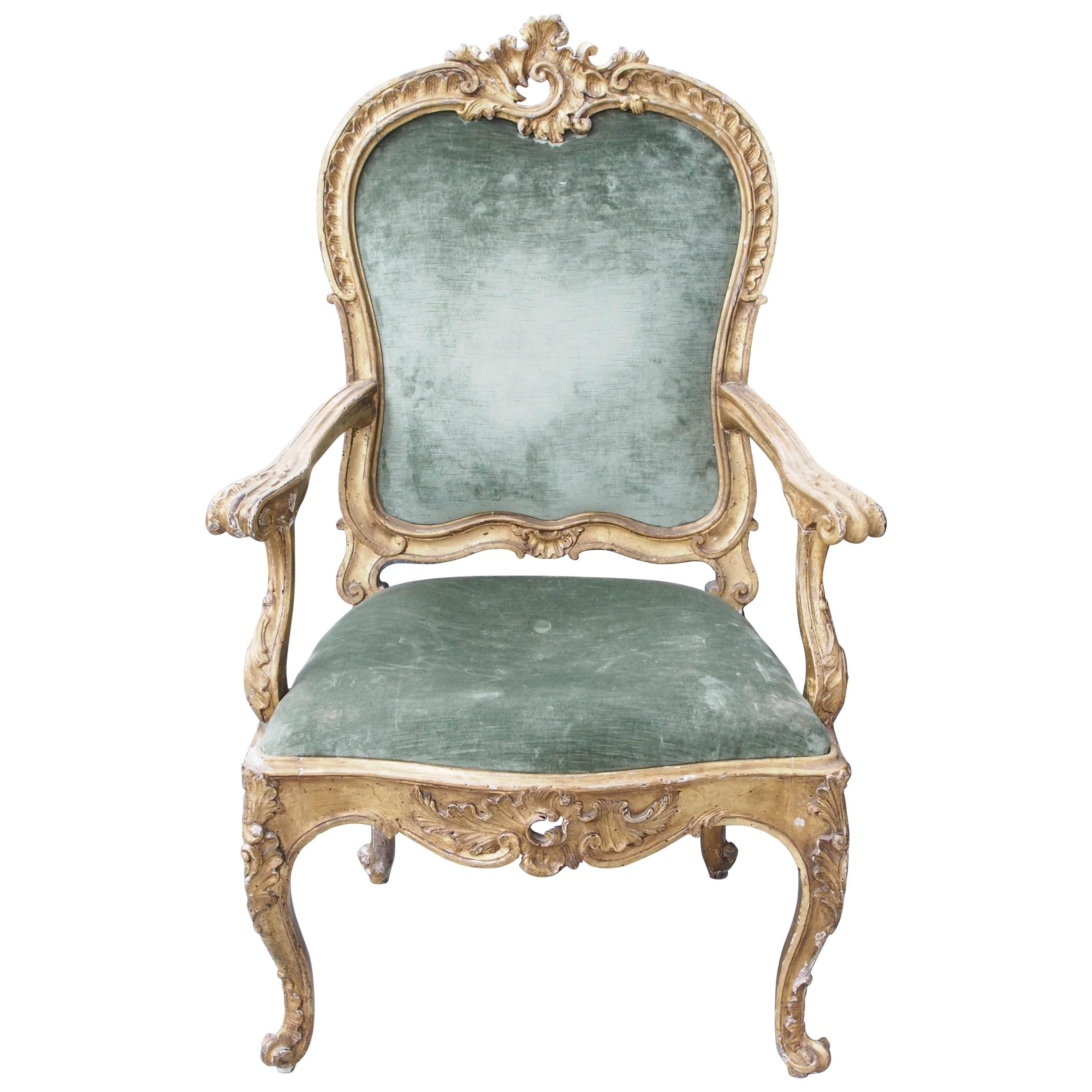 Giltwood Continental Rococo Armchair For Sale