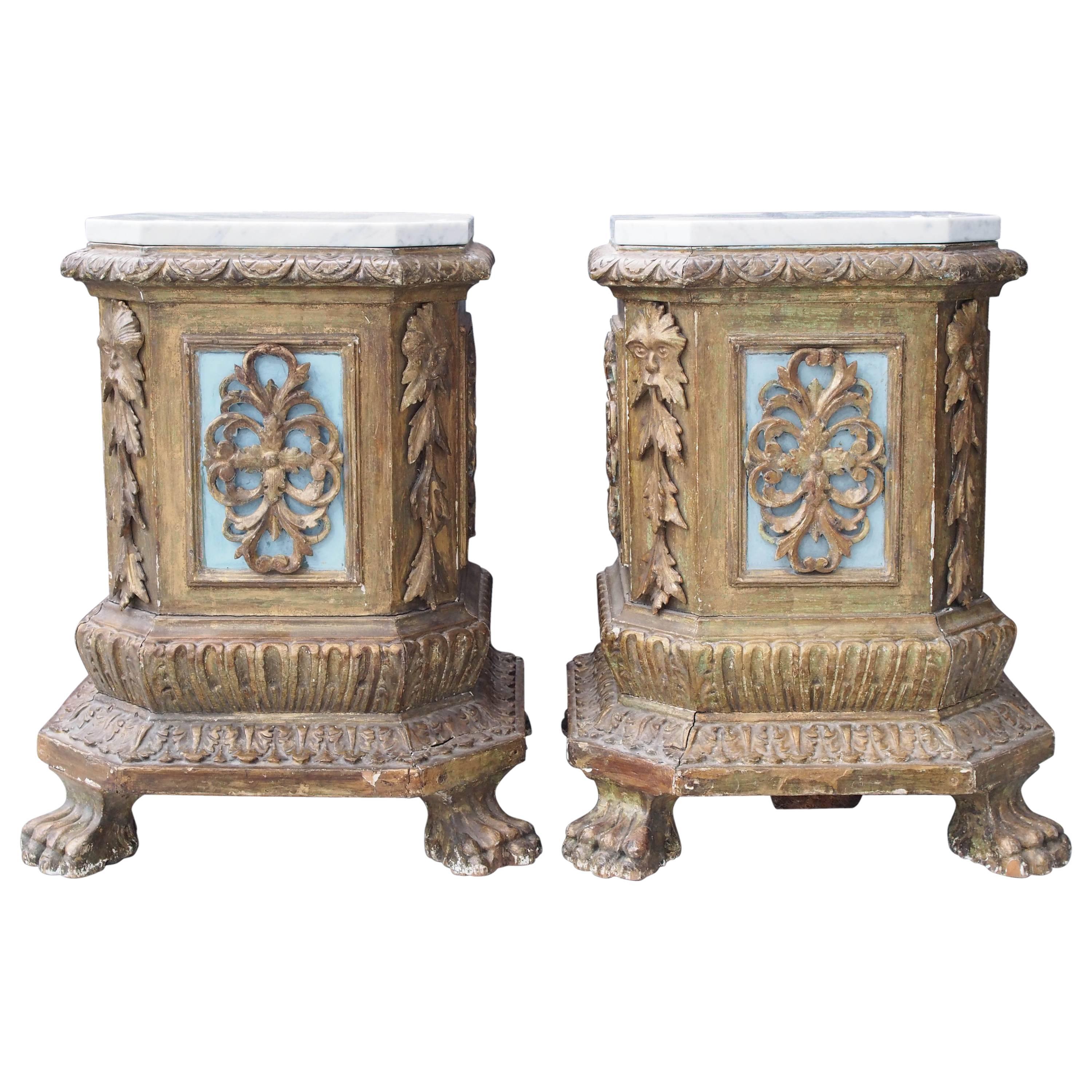 Pair of Italian Giltwood Plinths with Later Marble Tops For Sale