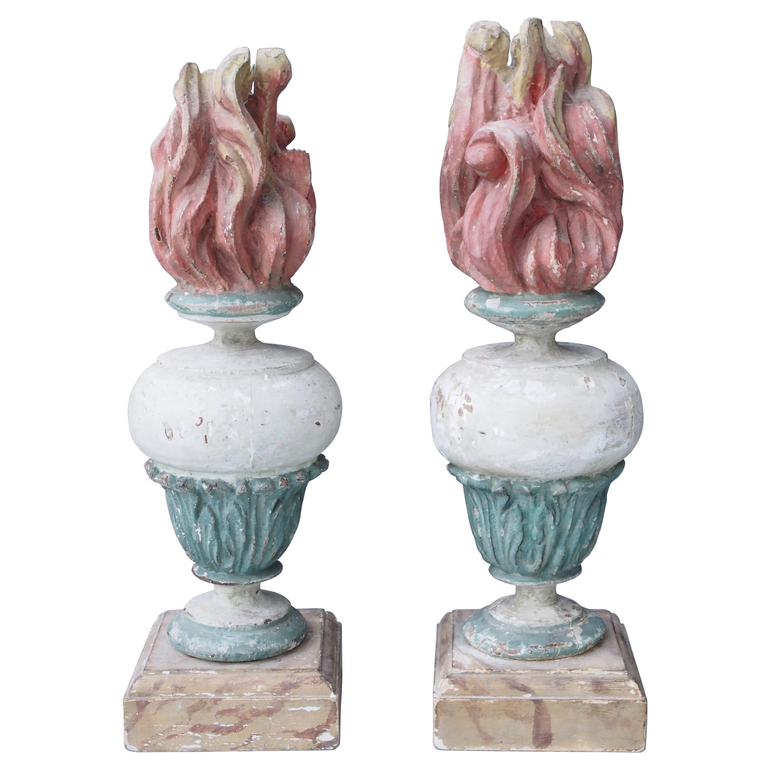 Pair of Italian Carved Wood Painted Finials in Vasiform with Flames