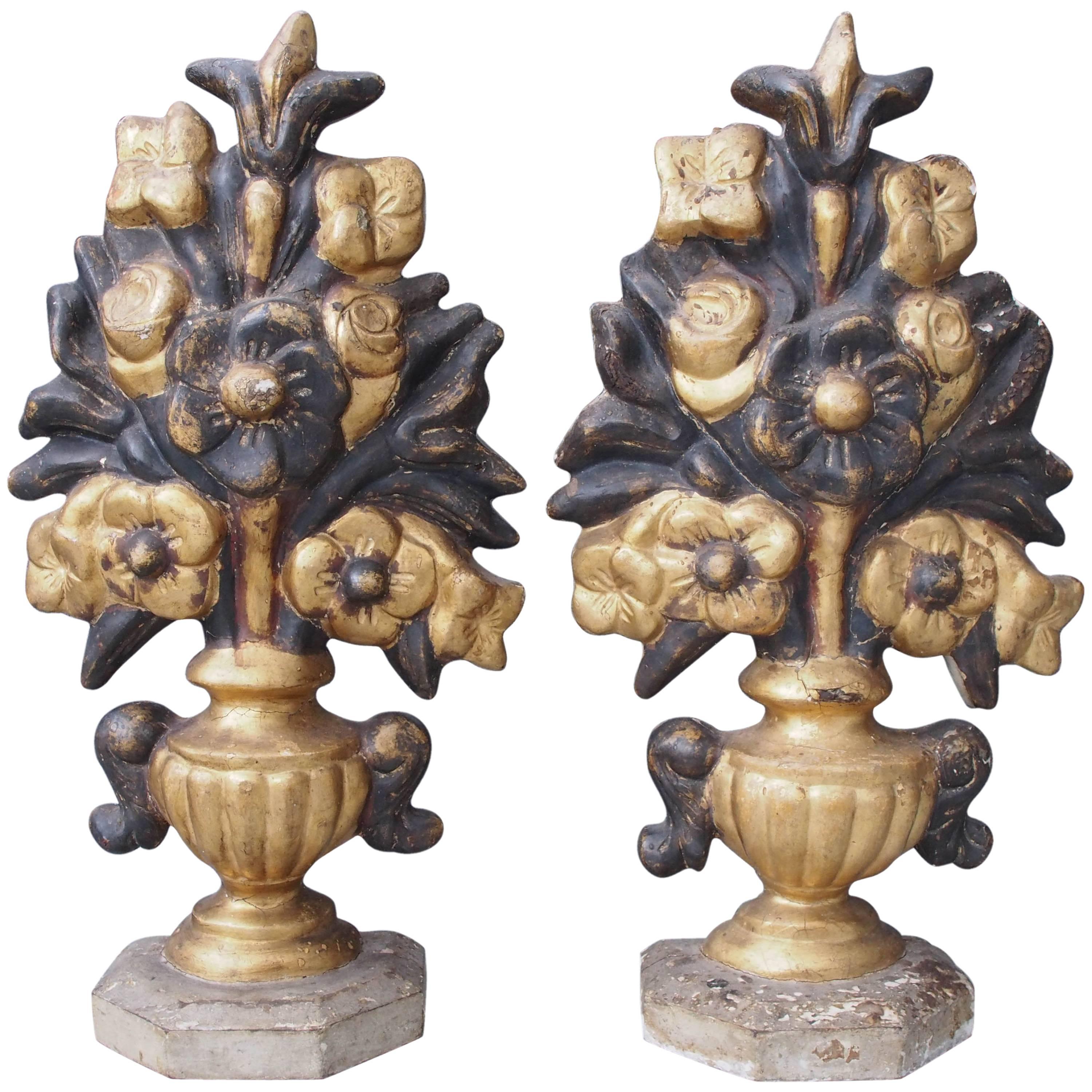 Pair of Italian Carved Giltwood Vases with Flowers