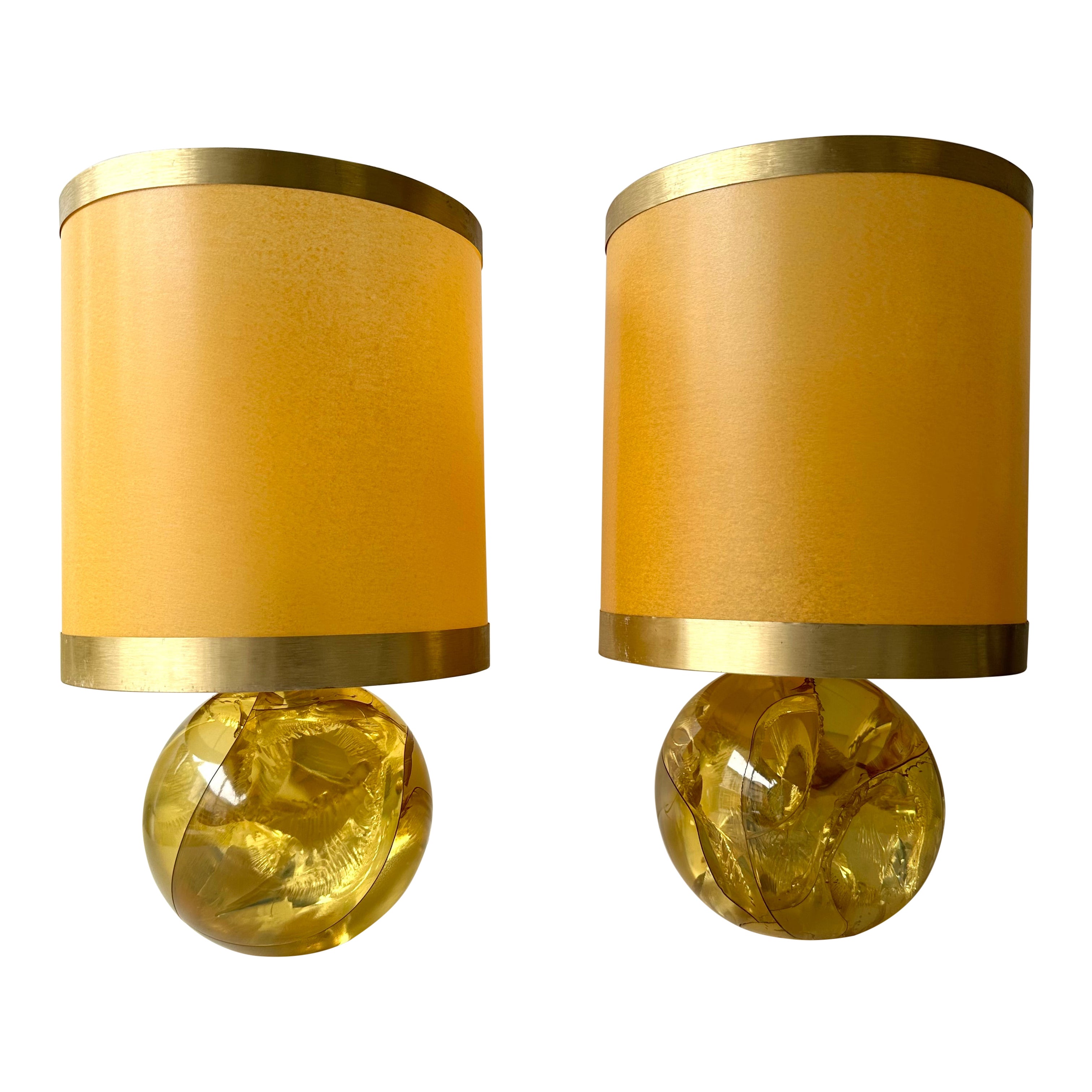 Pair of Lamps Yellow Fractal Resin by François Godebski , France, 1970s