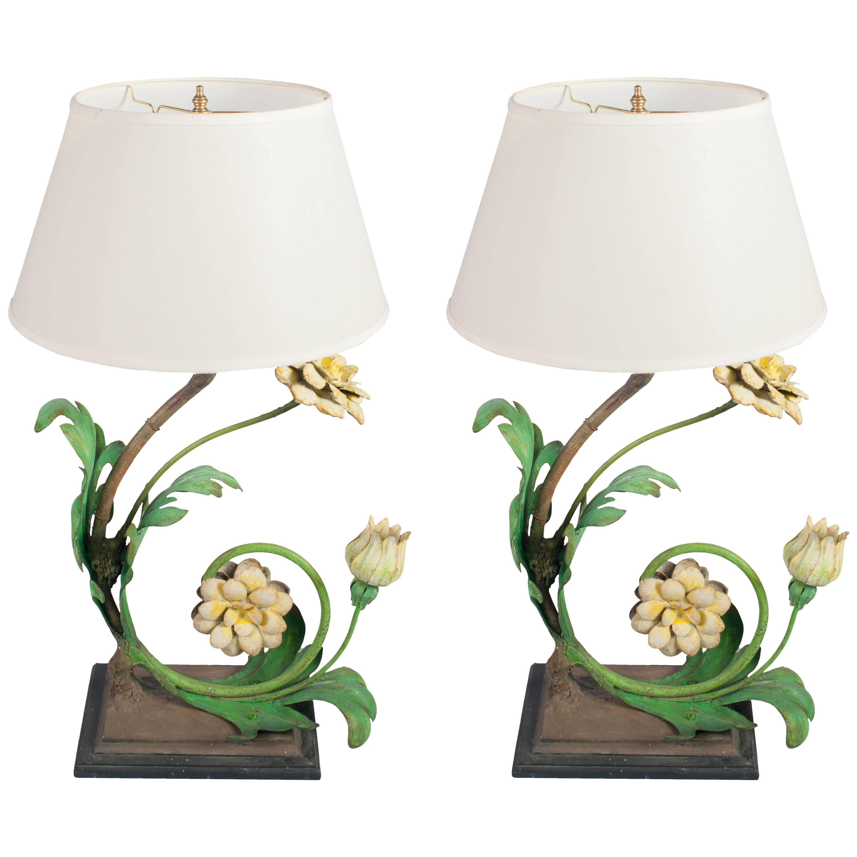 Pair of Painted Wrought Iron Table Lamps in the Form of Flowers