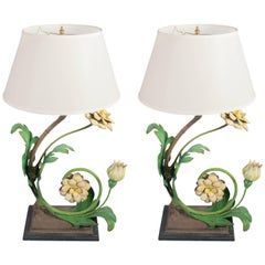 Pair of Painted Wrought Iron Table Lamps in the Form of Flowers