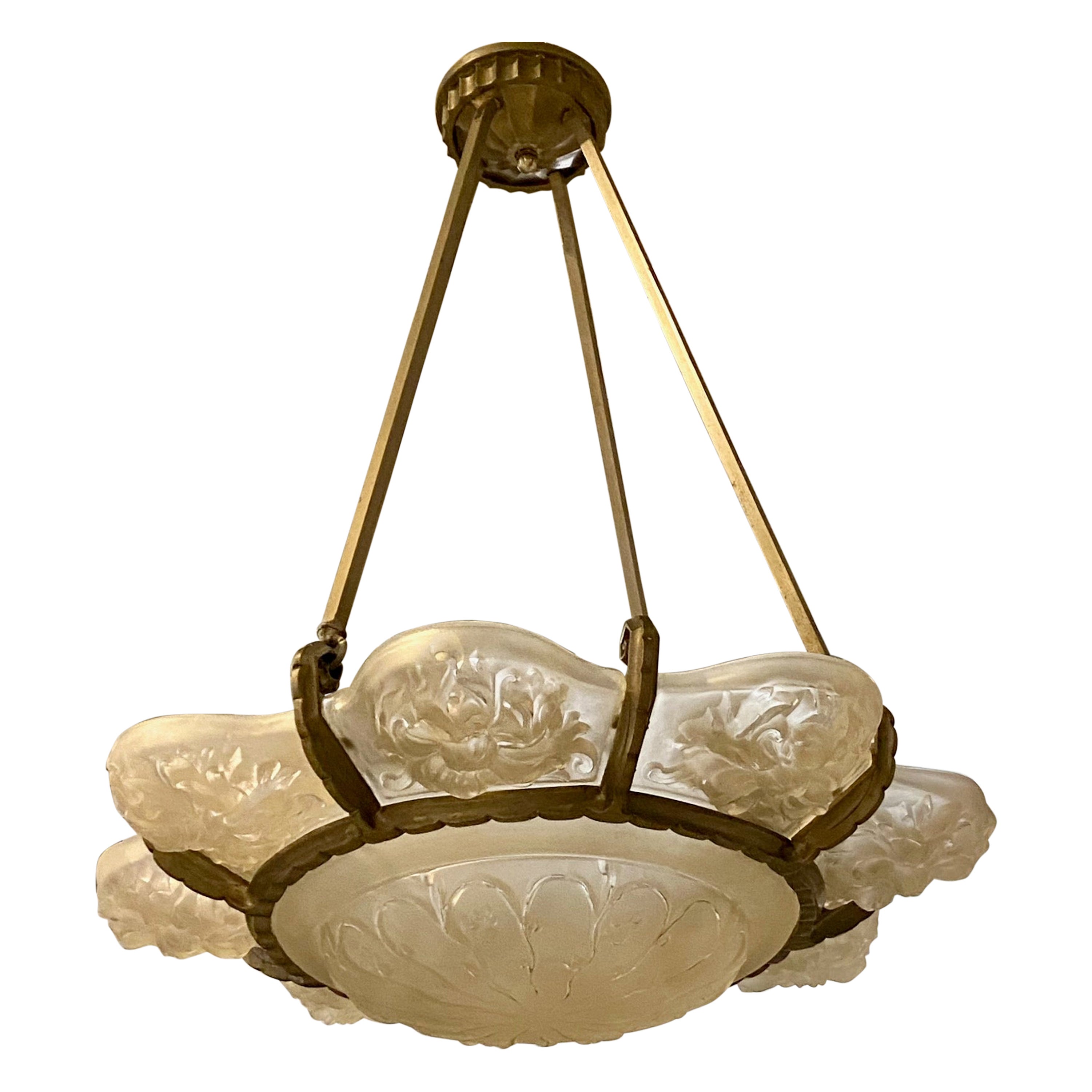 French Art Deco Floral Chandelier Signed Sabino For Sale