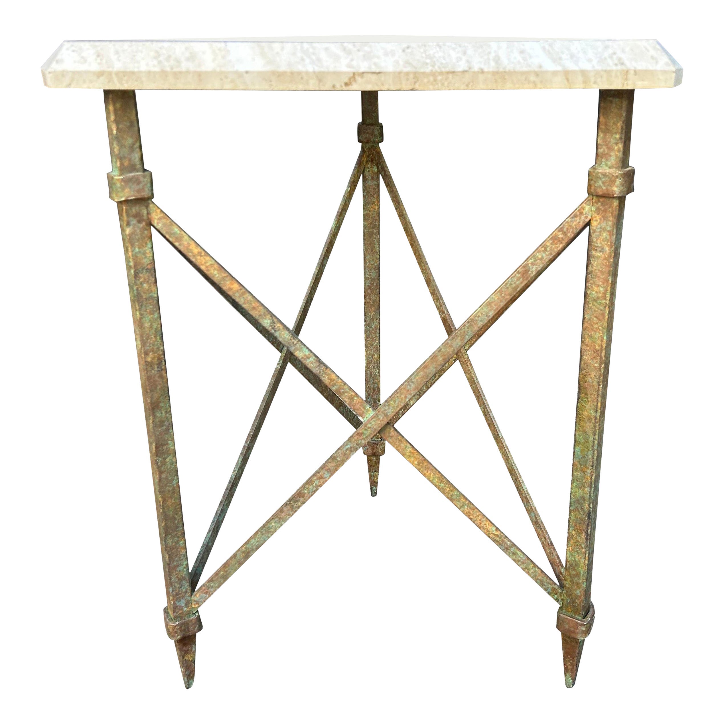 French Modern Iron And Travertine Table Inspired By Gilbert Poillerat For Sale