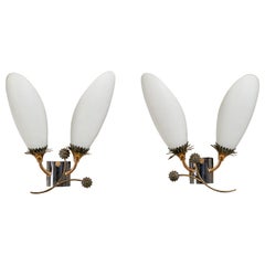 French Designer, Wall Lights, Brass, Metal, Glass, France, 1950s