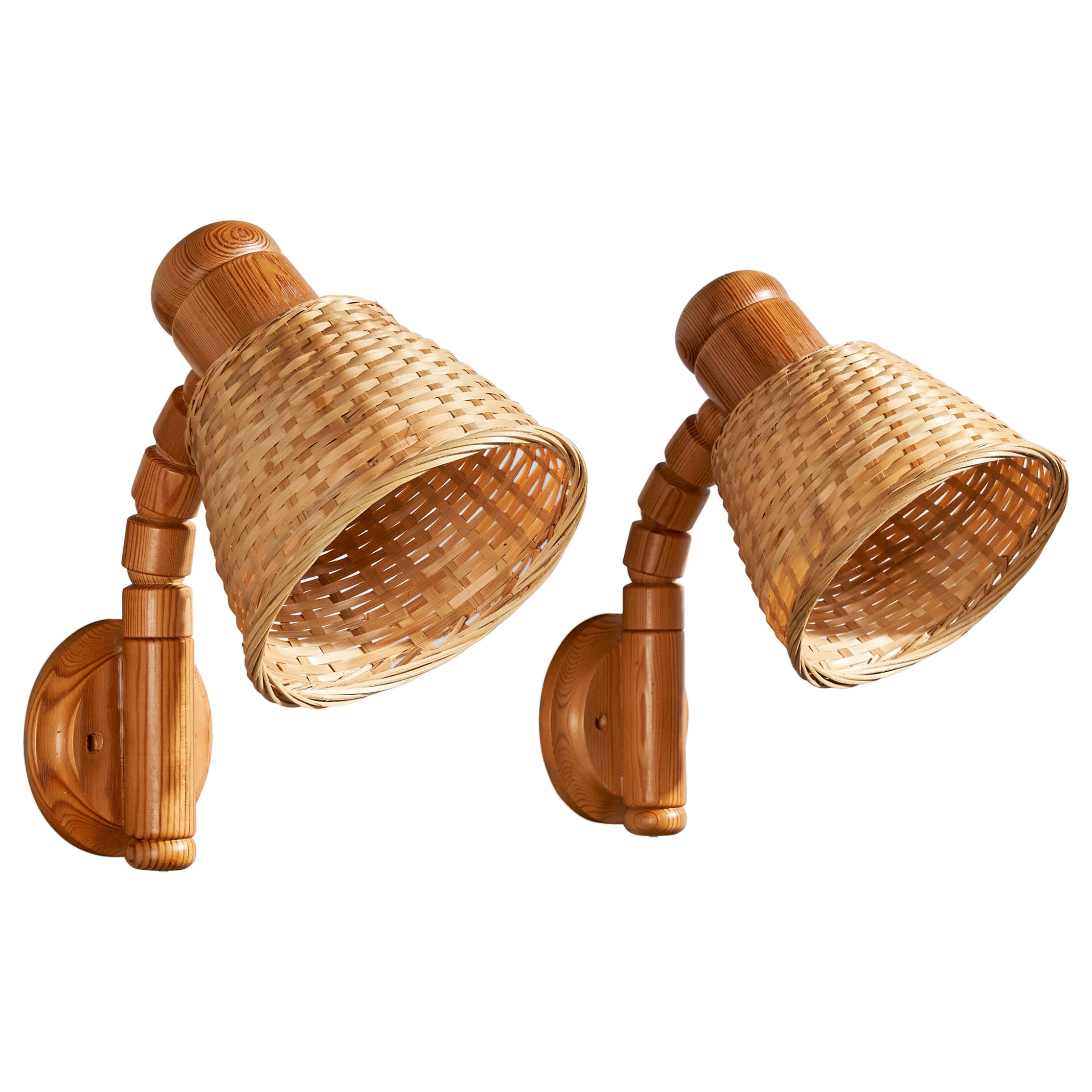 Solbackens Svarveri, Wall Lights, Pine, Rattan, Sweden, 1970s
