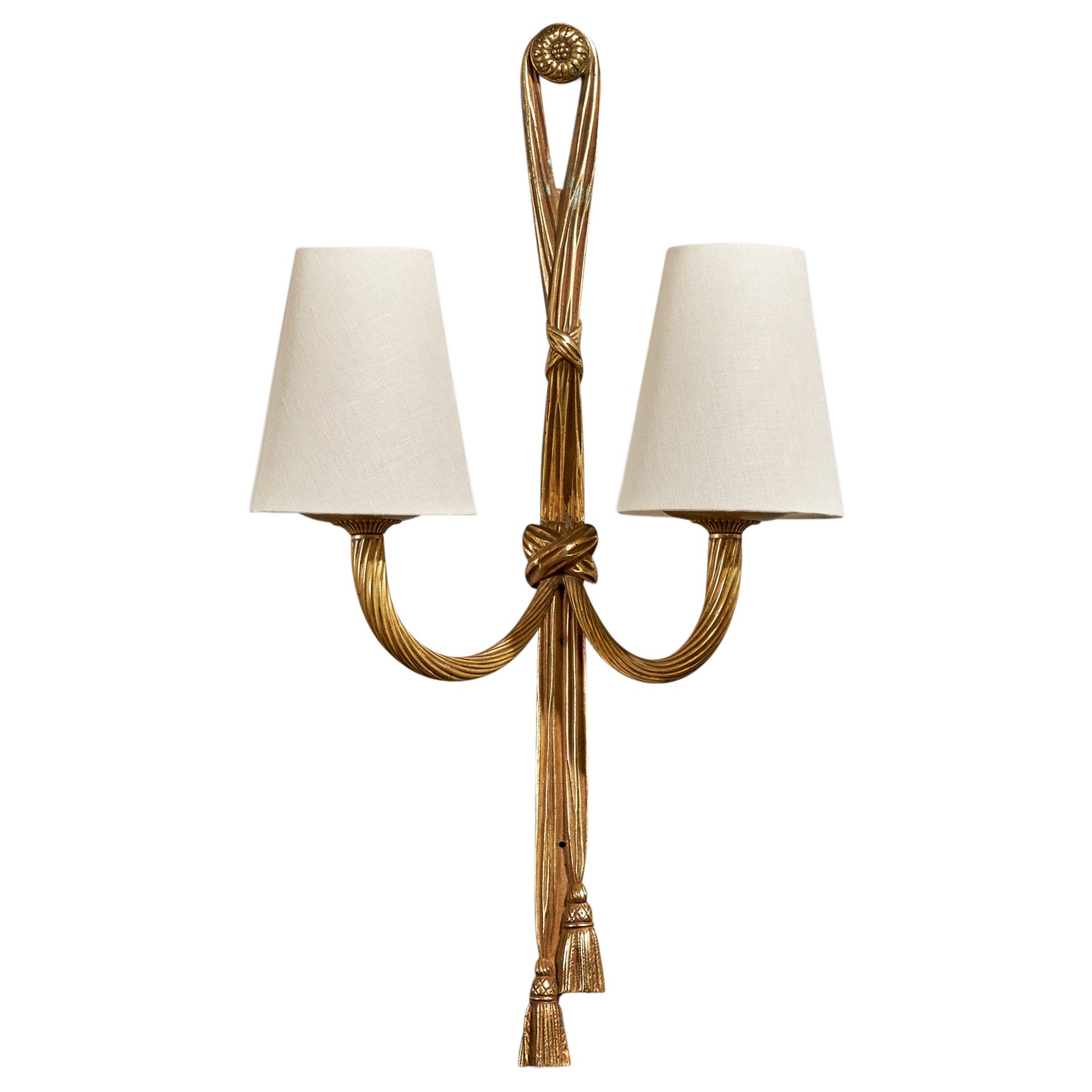 French Designer, Wall Light, Brass, Fabric, France, 1940s