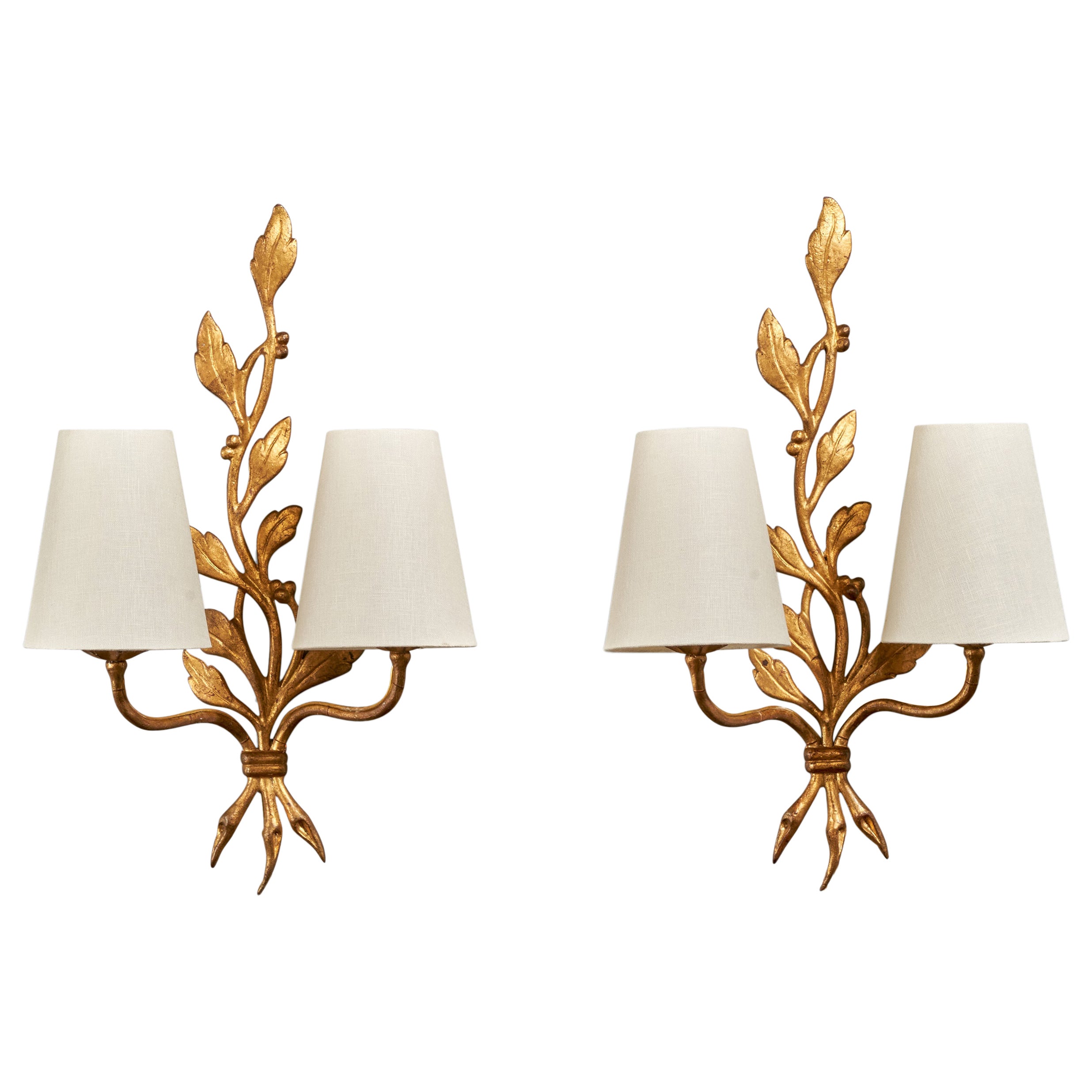 French Designer, Wall Lights, Metal, Fabric, France, 1940s