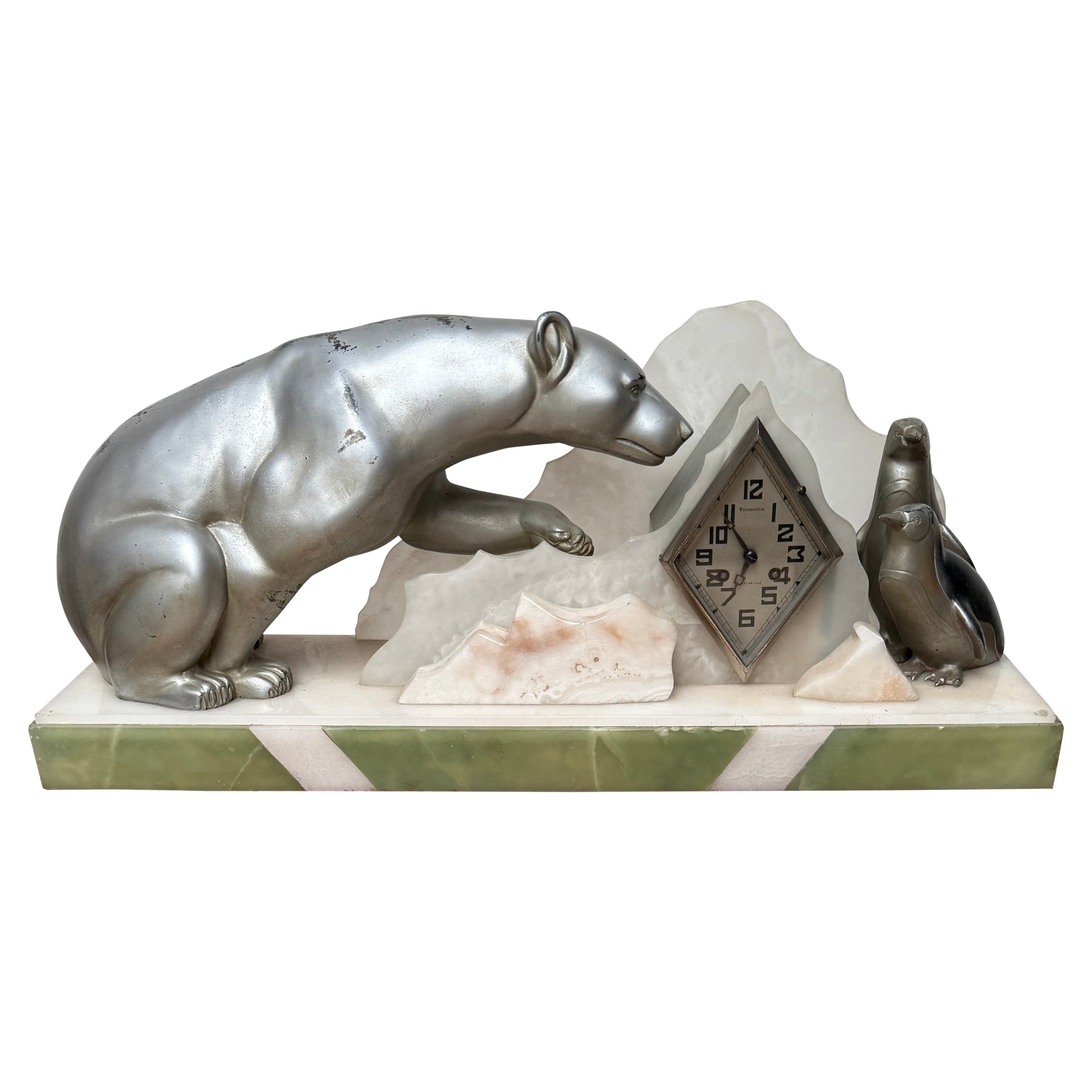 Rare Art Deco Mantel Clock with Polar Bear & Penguin Sculptures By Fournier