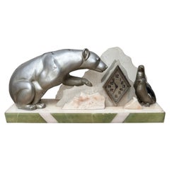 Antique Rare Art Deco Mantel Clock with Polar Bear & Penguin Sculptures By Fournier