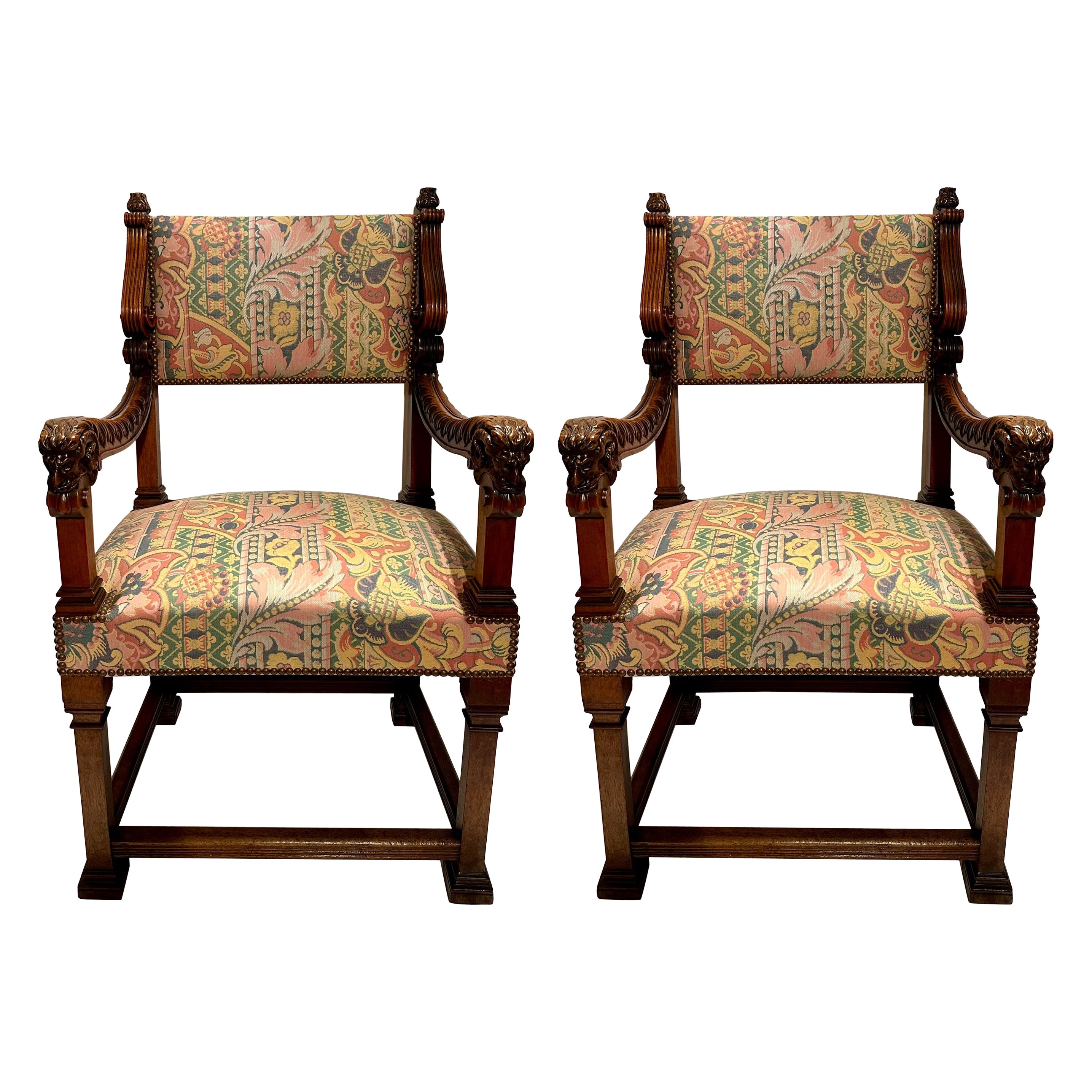Pair Antique French "Maison Krieger" François Premier Style Walnut Armchairs. For Sale