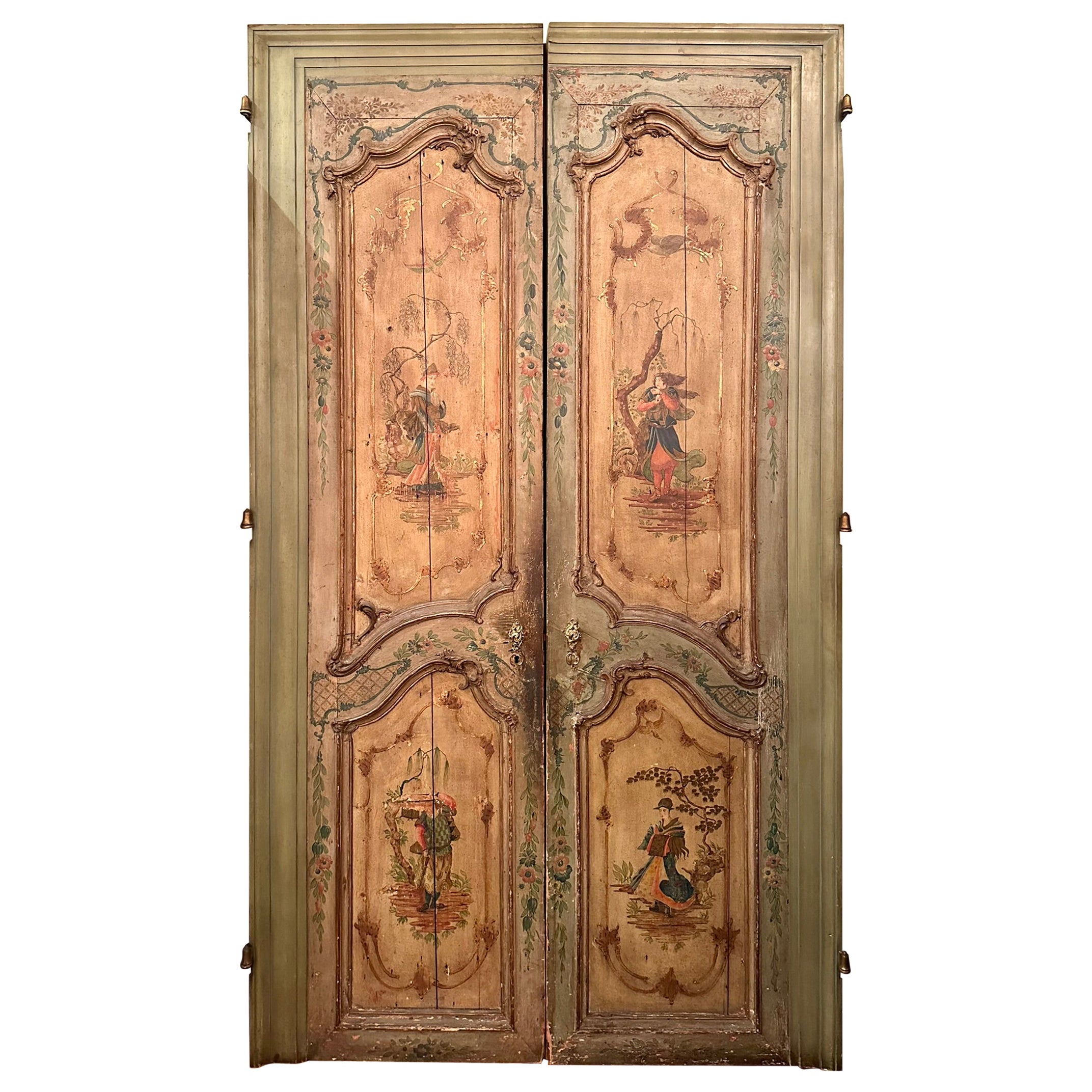 Par de Puertas Antiguas de Madera Pintada Veneciana del Siglo XVIII. en venta