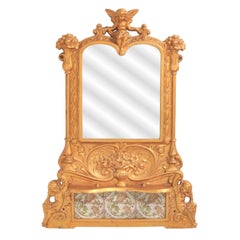 Antique English Cast Iron & Minton Tile Wall Fireplace Overmantle Mirror 1890