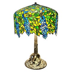 Leaded Glass And Bronze Handel Tree Trunk Form Table Lamp
