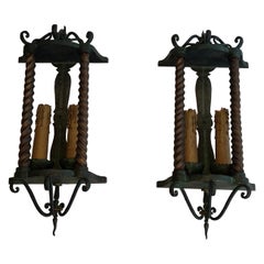 Pair of Wrought Iron wall lanterns Patinated in a Green Color and Gilded