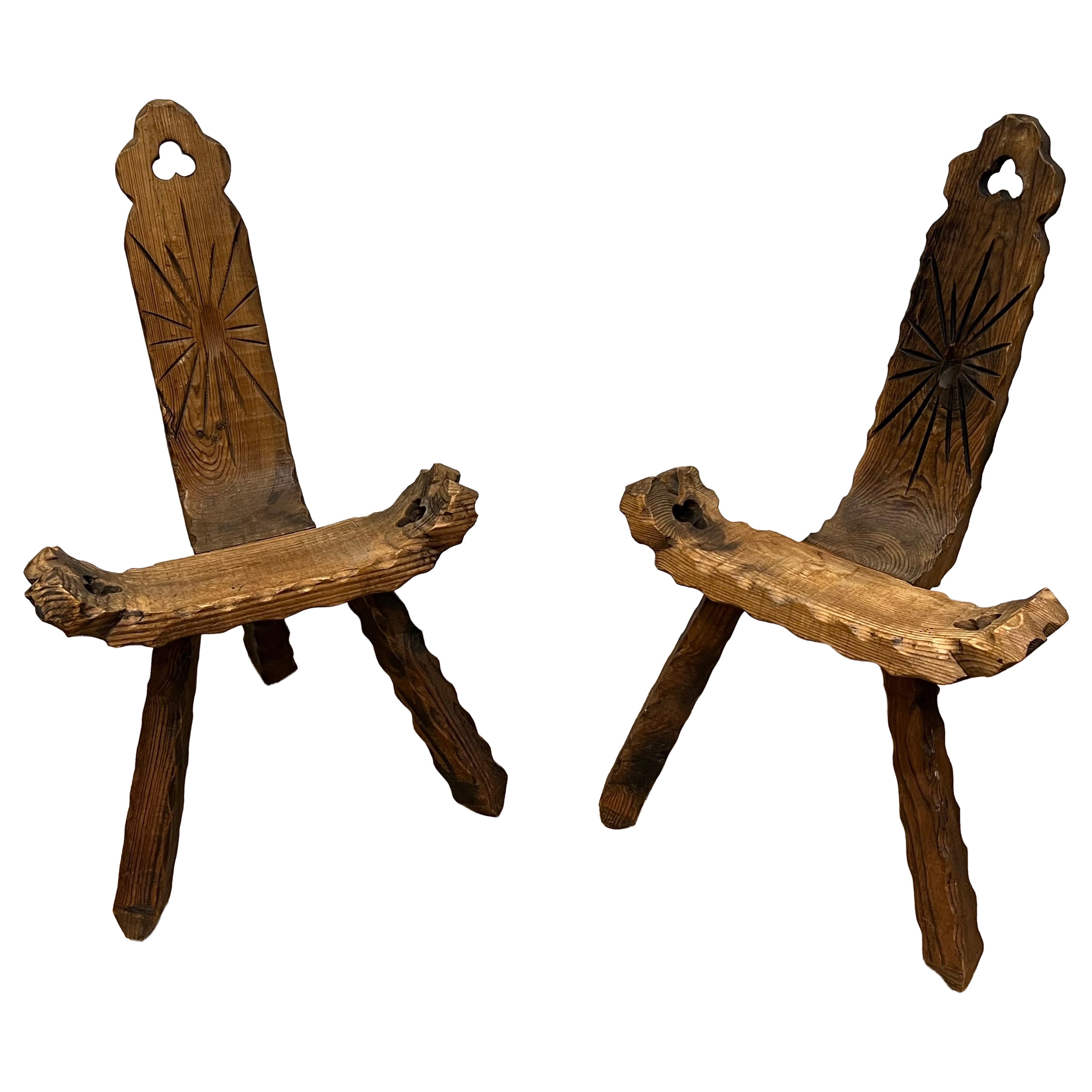 Pair of Brutalist Tripode Low Chairs. French work. Circa 1950