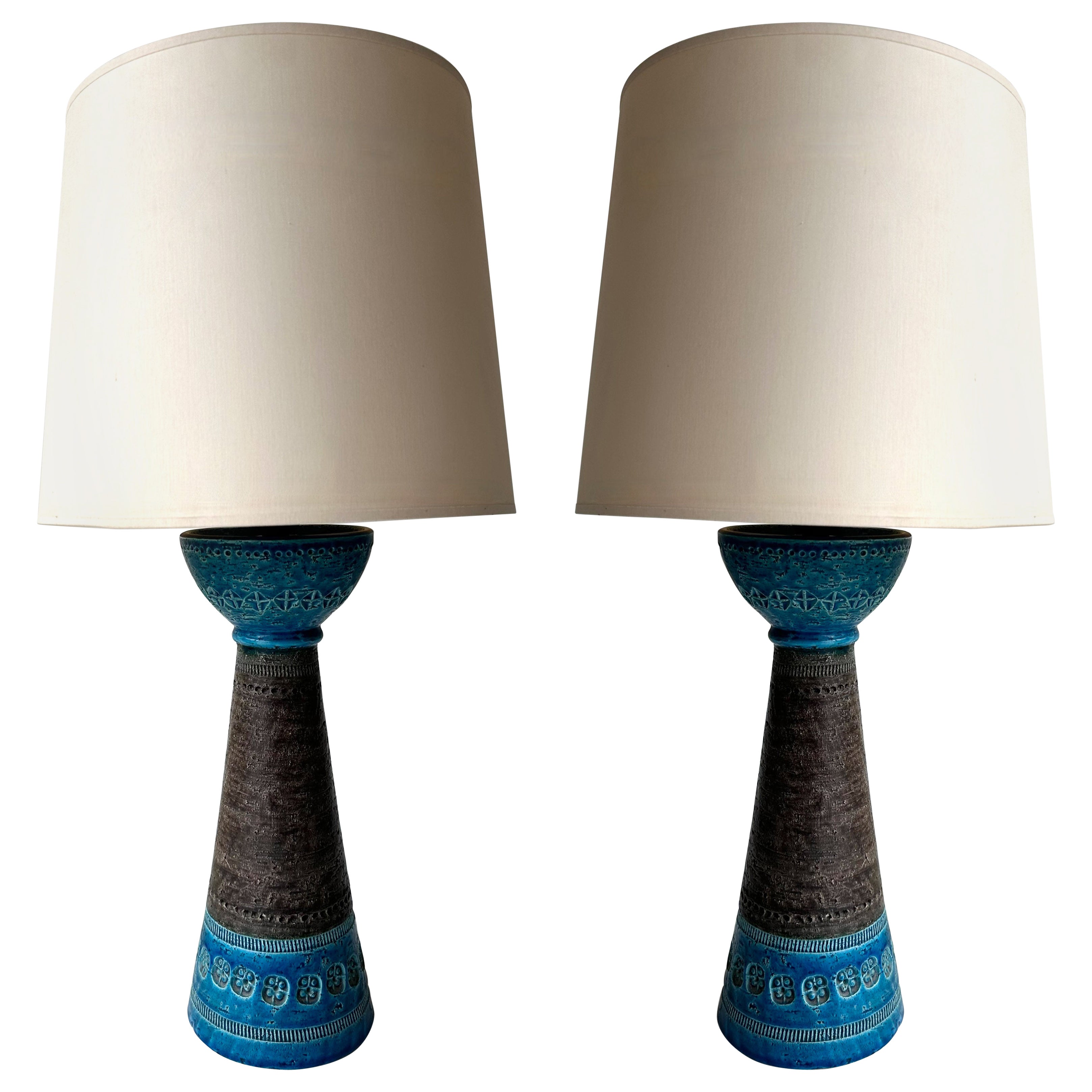 Mid-Century Pair of Ceramic Lamps Blue Rimini by Bitossi. Italy, 1970s