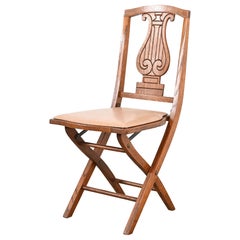 Antique Arts & Crafts Carved Oak Lyre Back Folding Chair by Phoenix Chair Co.