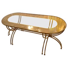 Neoclassical Oval Gilded Wrought Iron Low Table With Eglomise Top, France 1950.