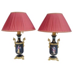 Antique Pair of Neoclassical Style Black Matt Porcelain Lamps
