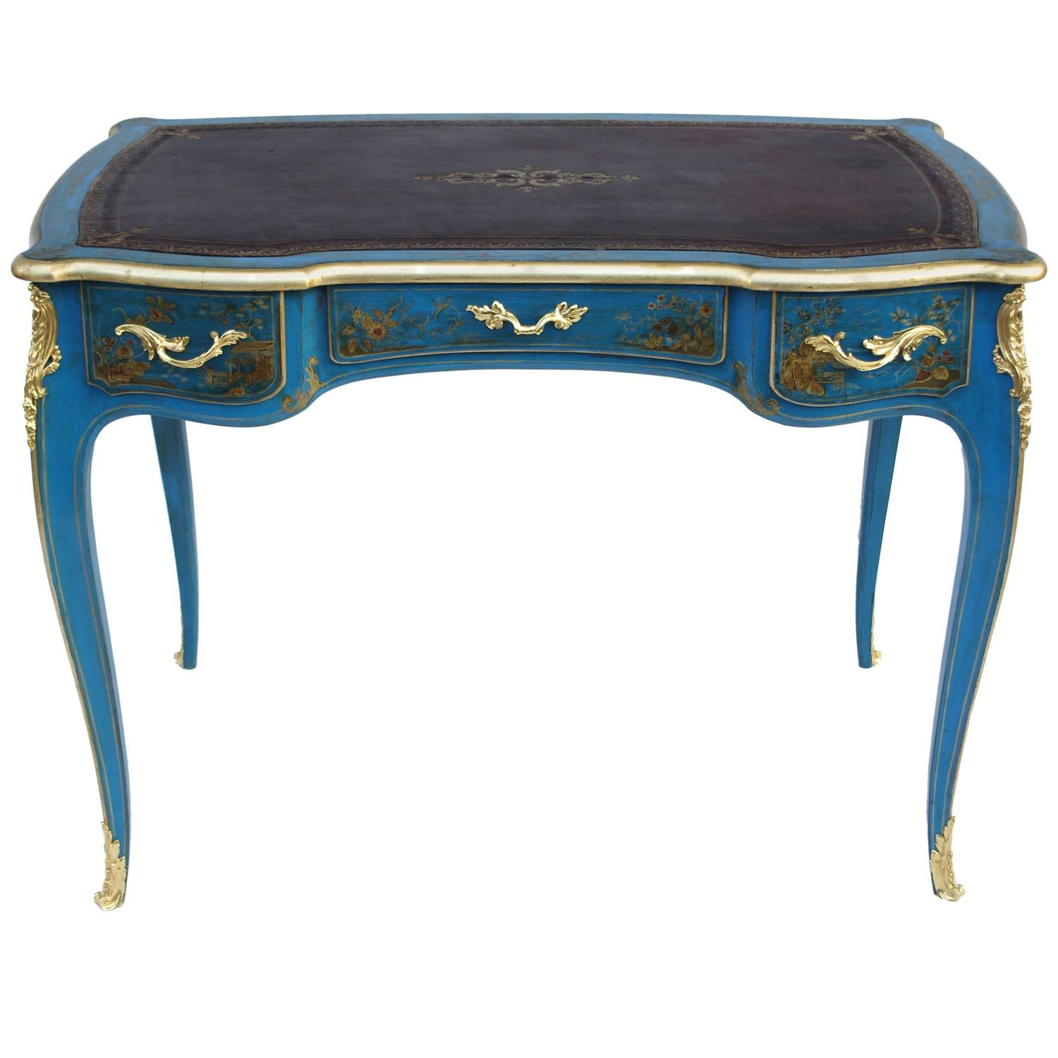 Rare Louis Xv Style Blue Lacquer Desk With Gilt Decor Chinoiserie
