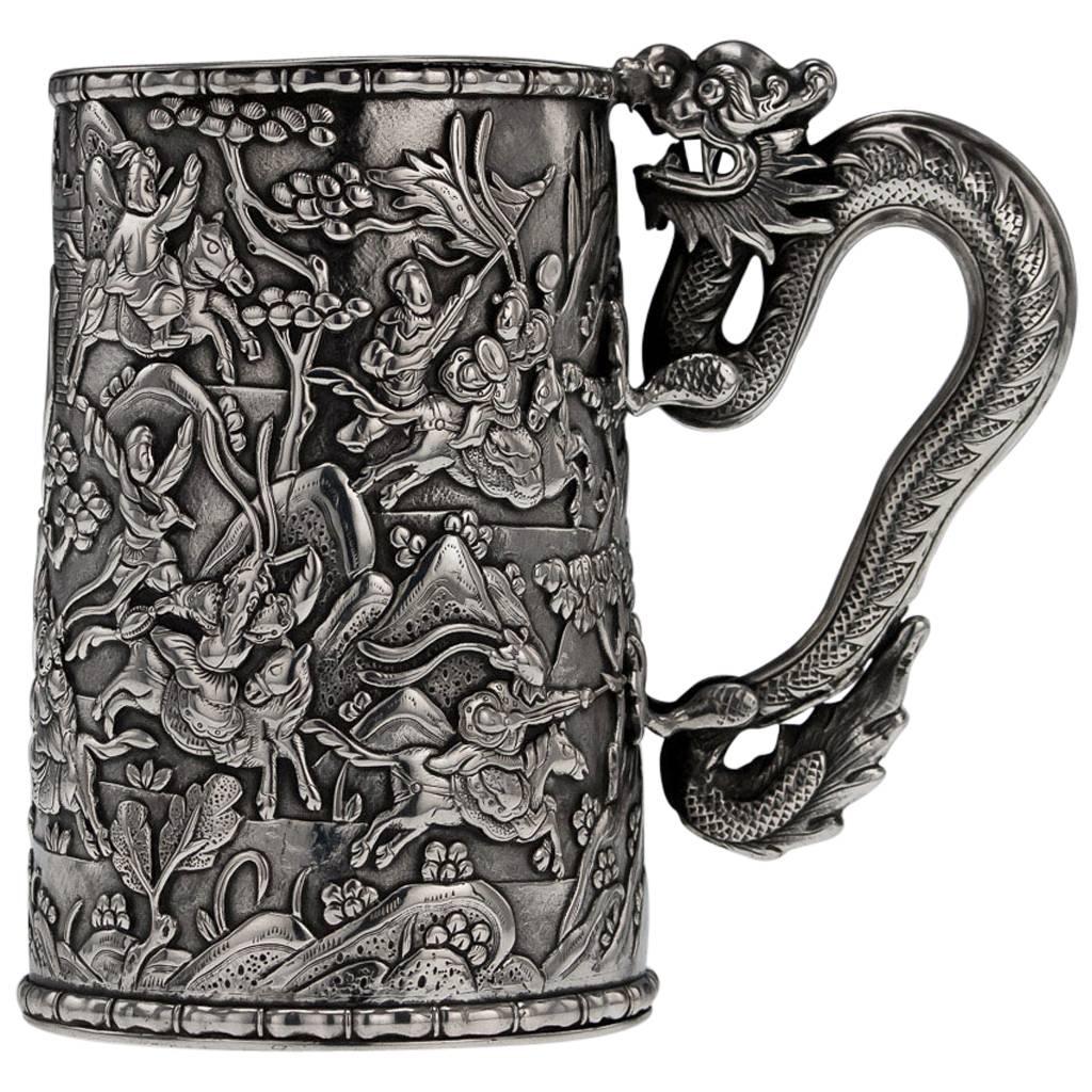 Antique 19th Century Rare Chinese Export Solid Silver Battle Scene Mug, Leeching