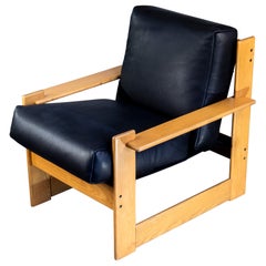 1970s Italian Scarpa Style Lounge Armchair Wood & Black Leather, Restored