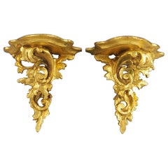 Antique Italian Old Venetian Wall Shelves, Giltwood Carved Acanthus Leaves 5″ (Pair)