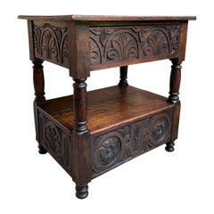 Antique French End Table Bible Box Carved Oak Two Tier Bench c1790