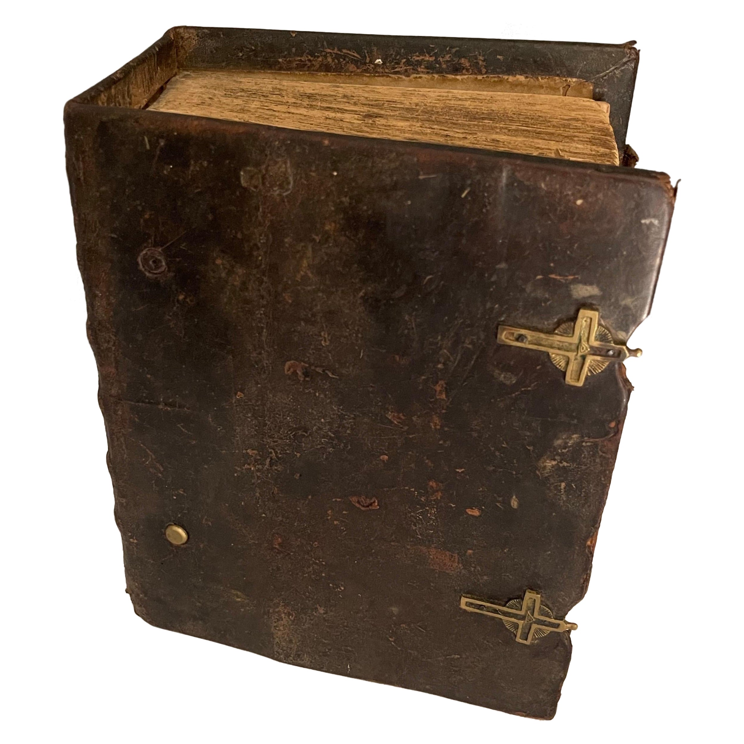 Swedish Leather Bound and Brass Locks Family Holy Bible, Circa 1849