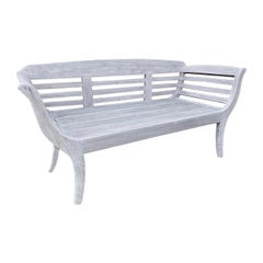 Antique White Washed Teak Settee or Bench with Slatted Back