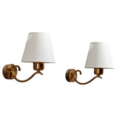 Swedish Designer, Wall Lights, Brass, Fabric, Sweden, 1940s