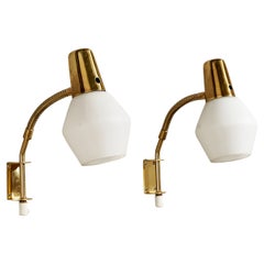 Swedish Designer, Wall Lights, Brass, Glass, Sweden, 1950s