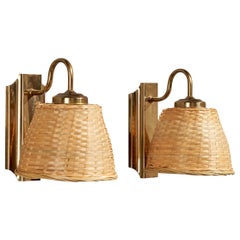 Schwedische Designerin, Wandleuchten, Messing, Rattan, Schweden, 1950er Jahre