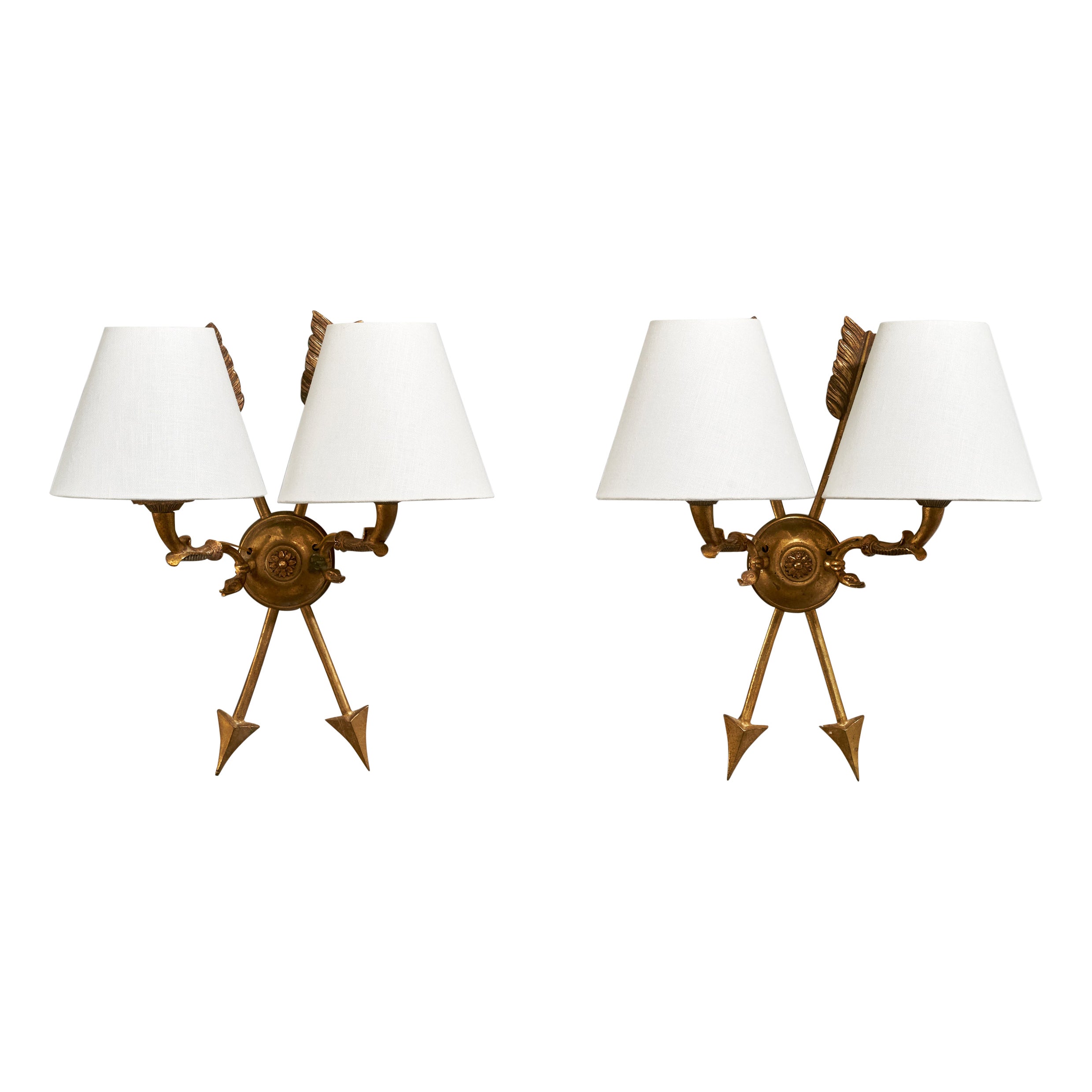French Designer, Wall Lights, Brass, Fabric, France, 1950s
