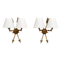 French Designer, Wall Lights, Brass, Fabric, France, 1950s