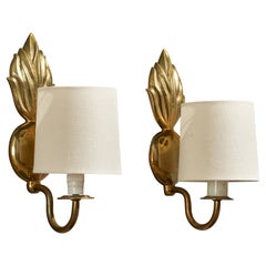 Schwedischer Designer, Wandleuchten, Messing, Stoff, Schweden, 1950er Jahre