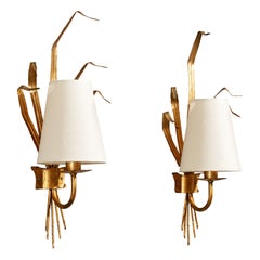 French Designer, Wall Lights, Metal, Fabric, France, 1940s