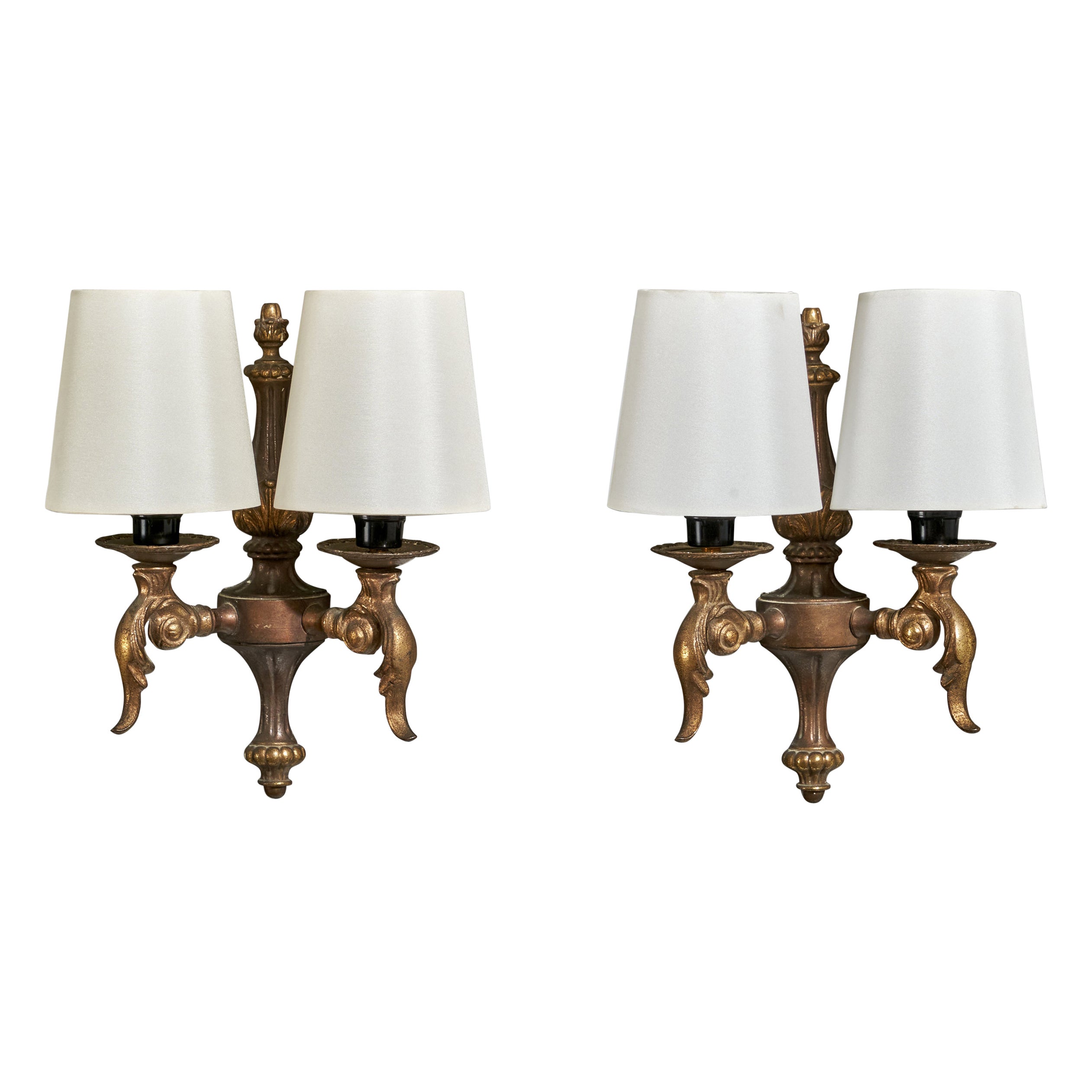 French Designer, Wall Lights, Brass, Fabric, France, 1940s