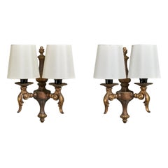 French Designer, Wall Lights, Brass, Fabric, France, 1940s