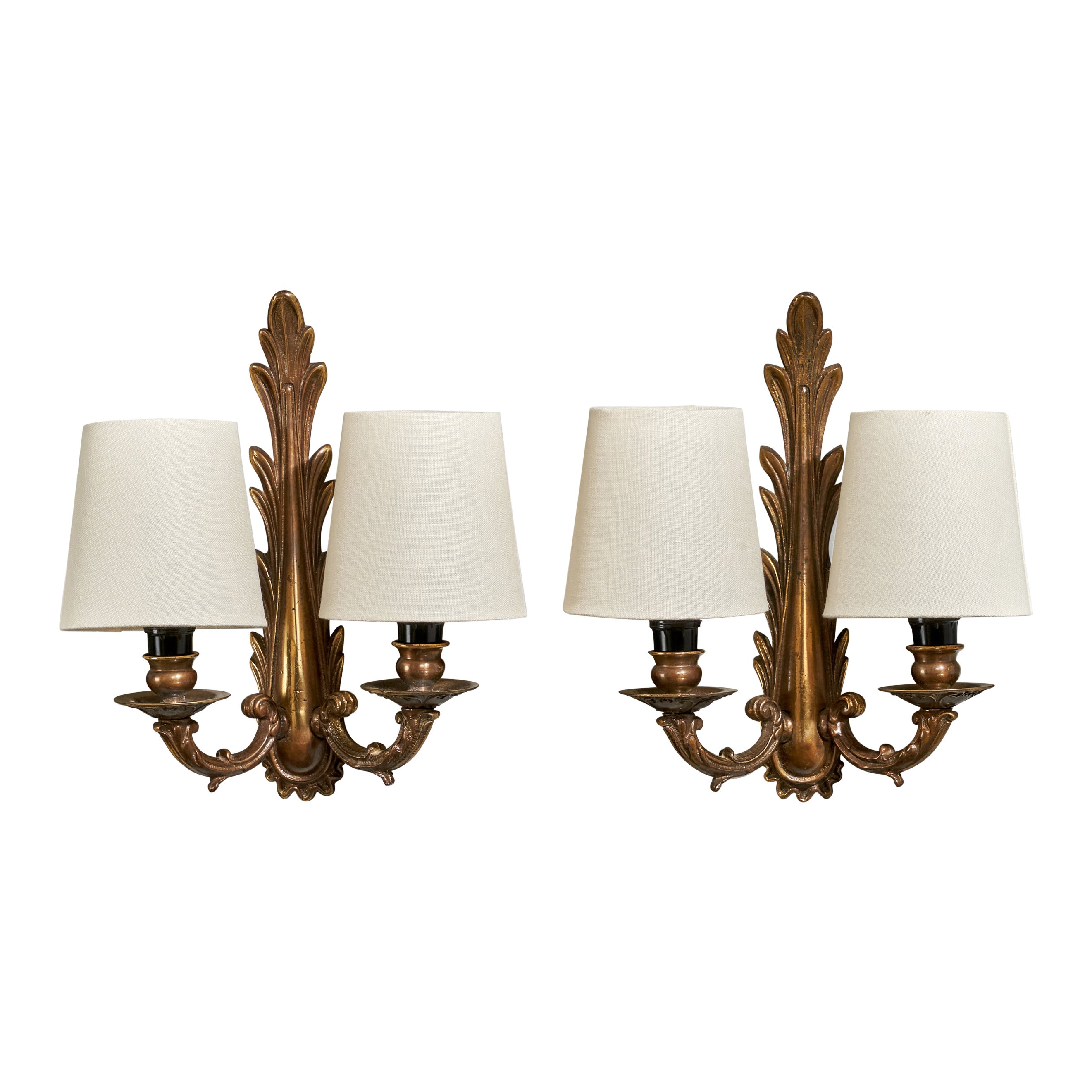 French Designer, Wall Lights, Brass, Fabric, France, 1940s
