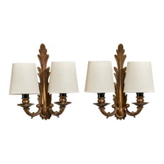 French Designer, Wall Lights, Brass, Fabric, France, 1940s